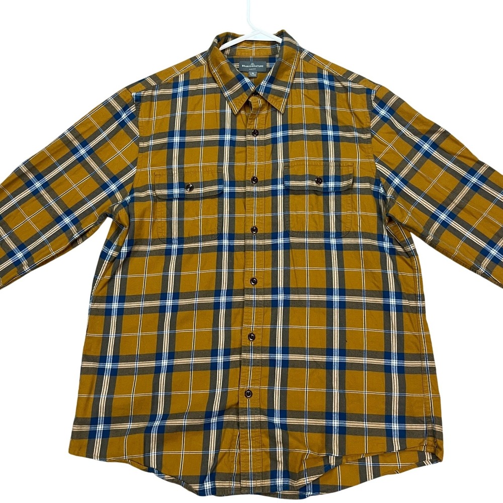 LL Bean Signature Men's Slim Fit Plaid Button Up Shirt Yellow Blue Size‎ Medium